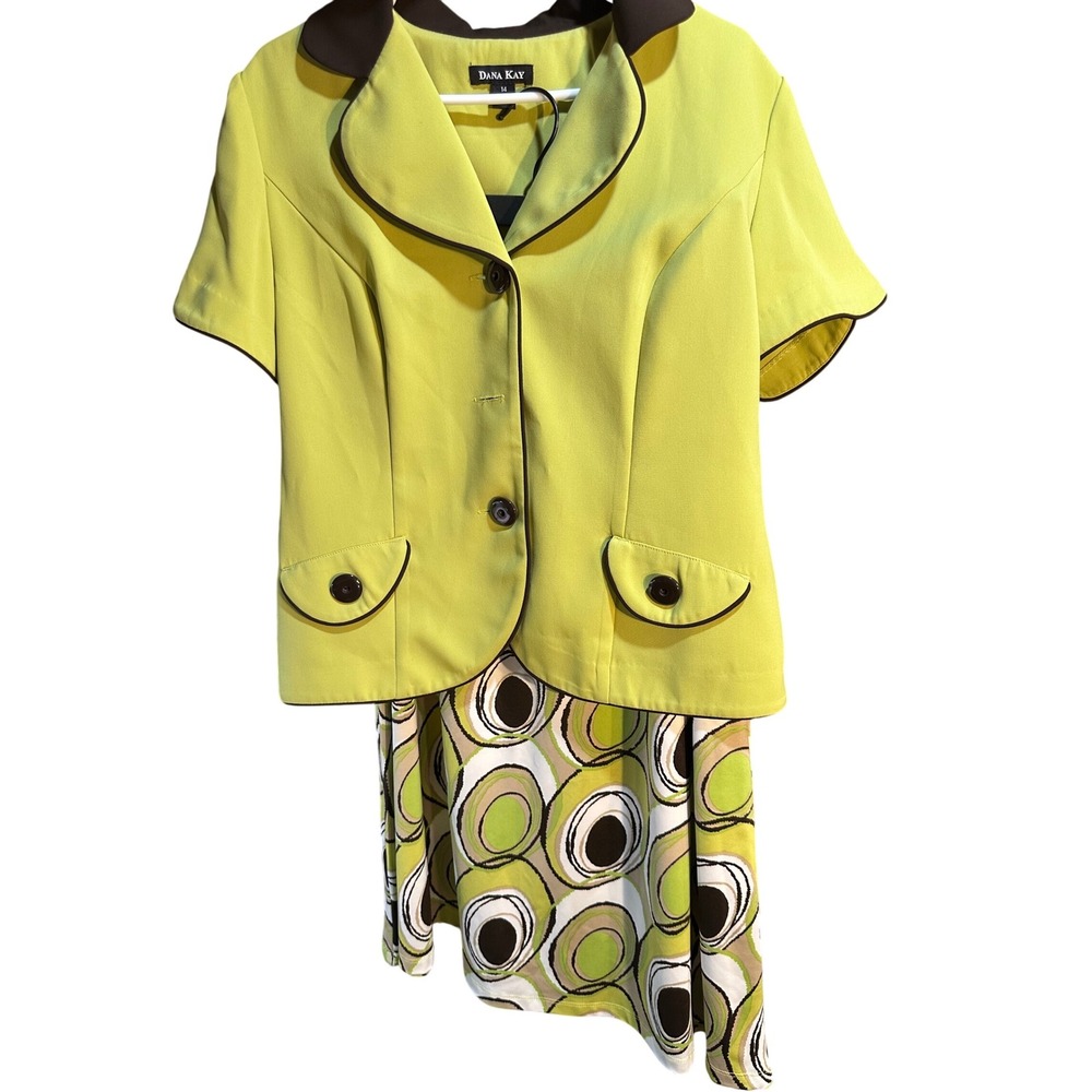 Dana Kay Women's Lime Green Brown Trim Short Sleeve Blazer Skirt Set Size 14